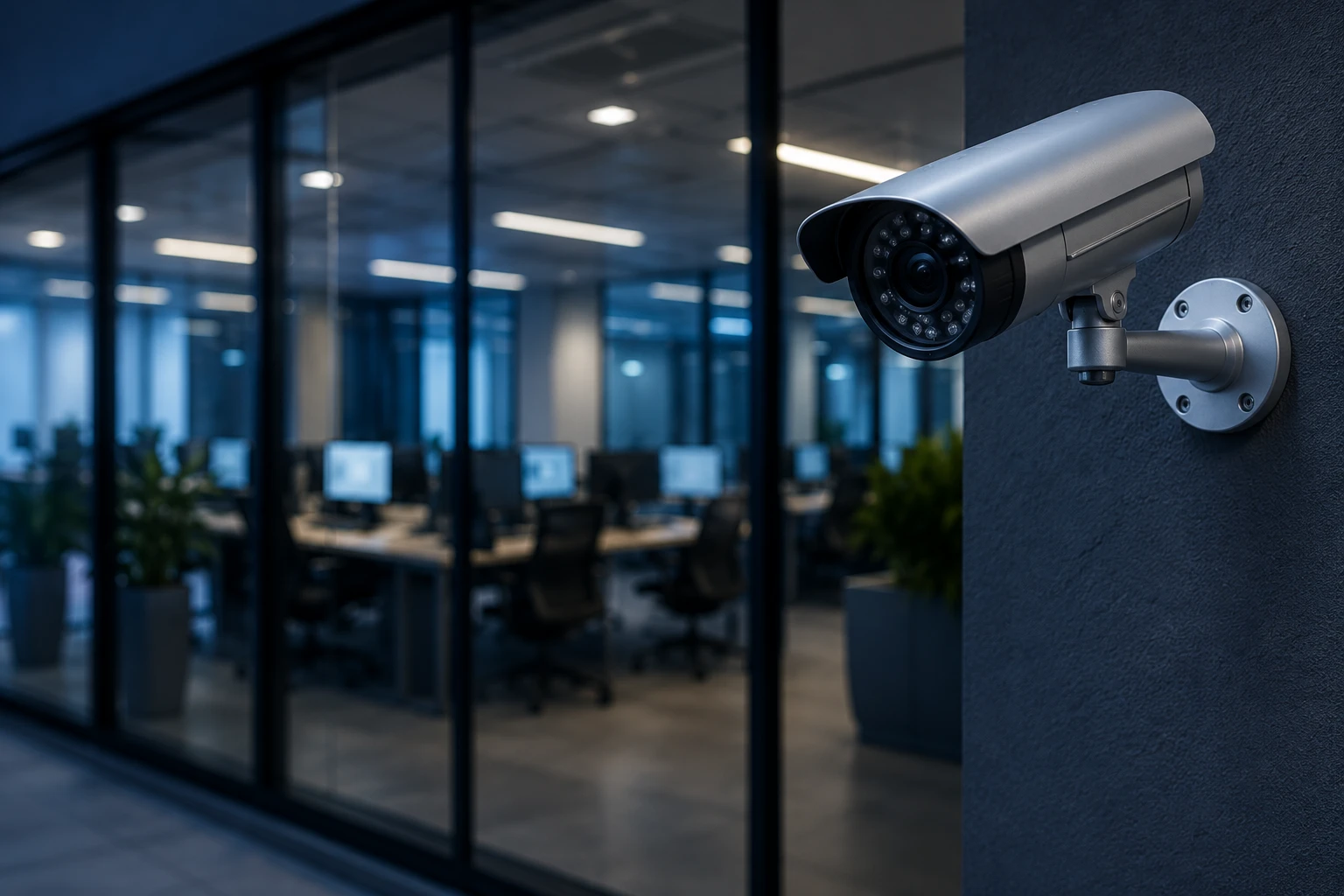 Ambiente corporativo com monitoramento de cameras e infraestrutura organizada