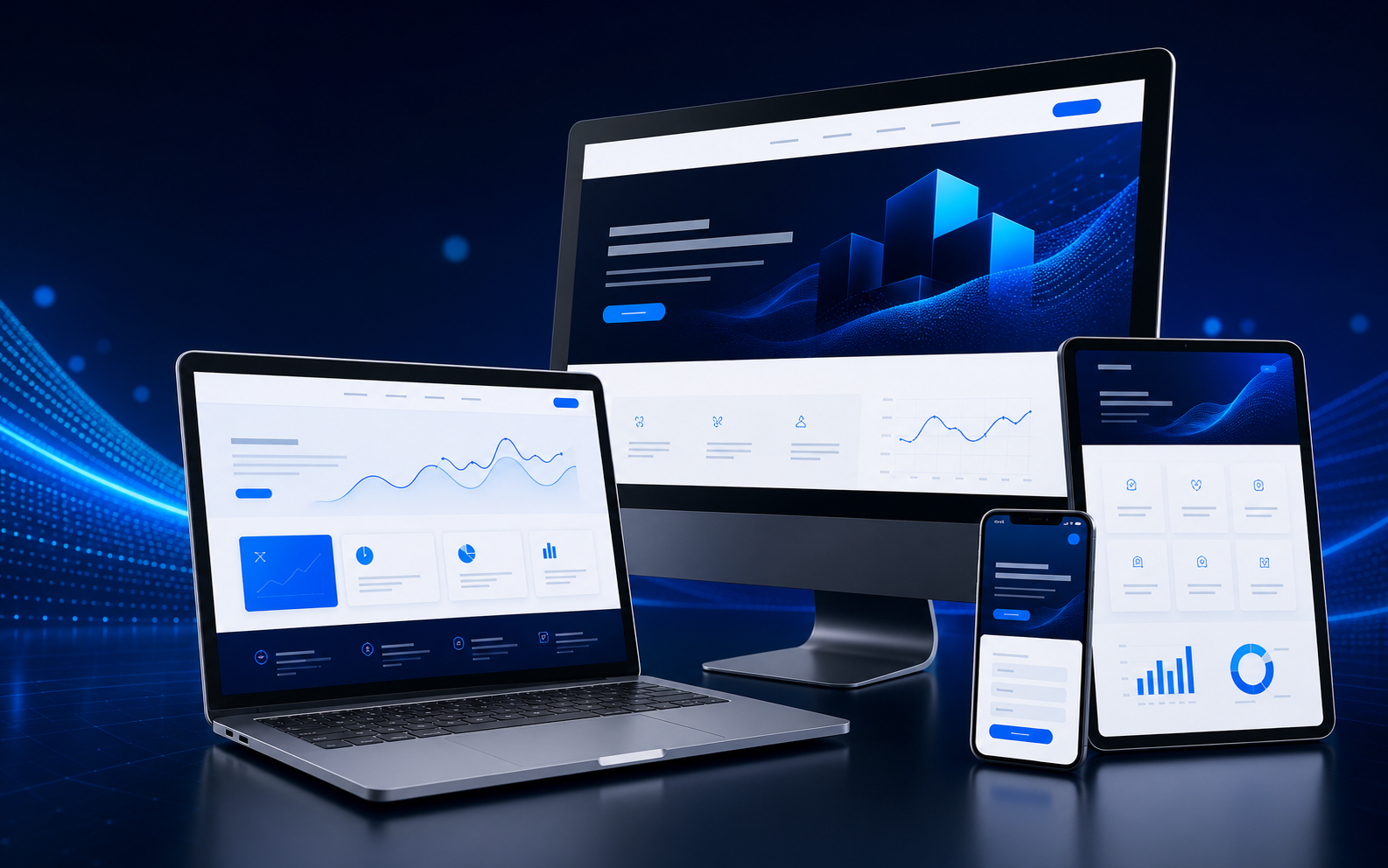Mockup premium com desktop, notebook, tablet e smartphone exibindo sites modernos