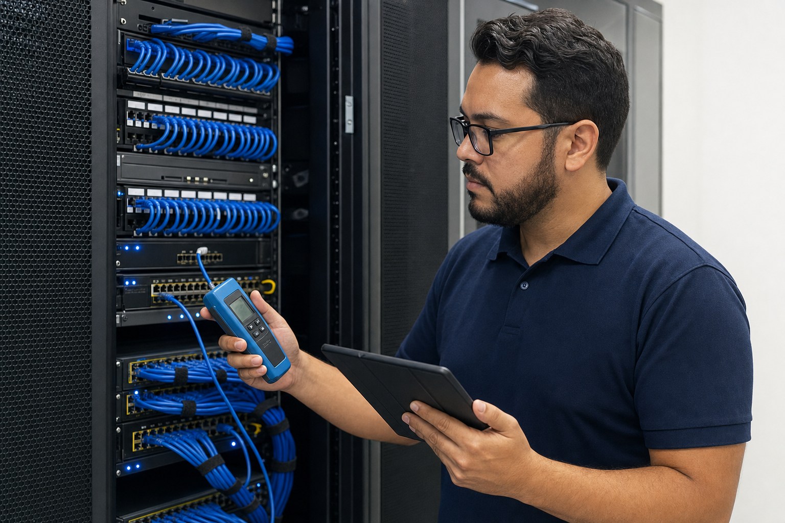 Técnico realizando diagnóstico em rack de rede corporativa